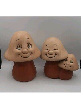 Rare Whimical Smiling Mushrooms Handmade Ceramic Garden Decor 2 Piece Family